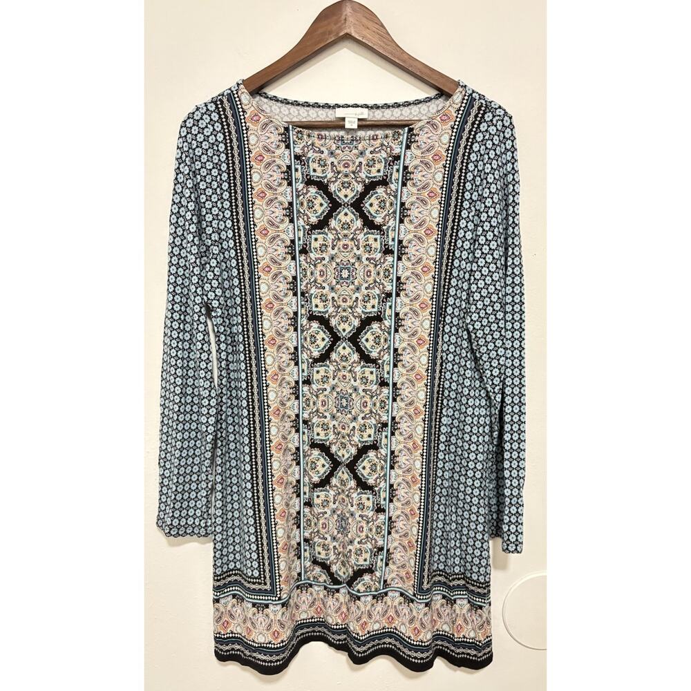 J Jill Wearever Tunic Top Womens M Blue Paisley Medallion Border Print Boho